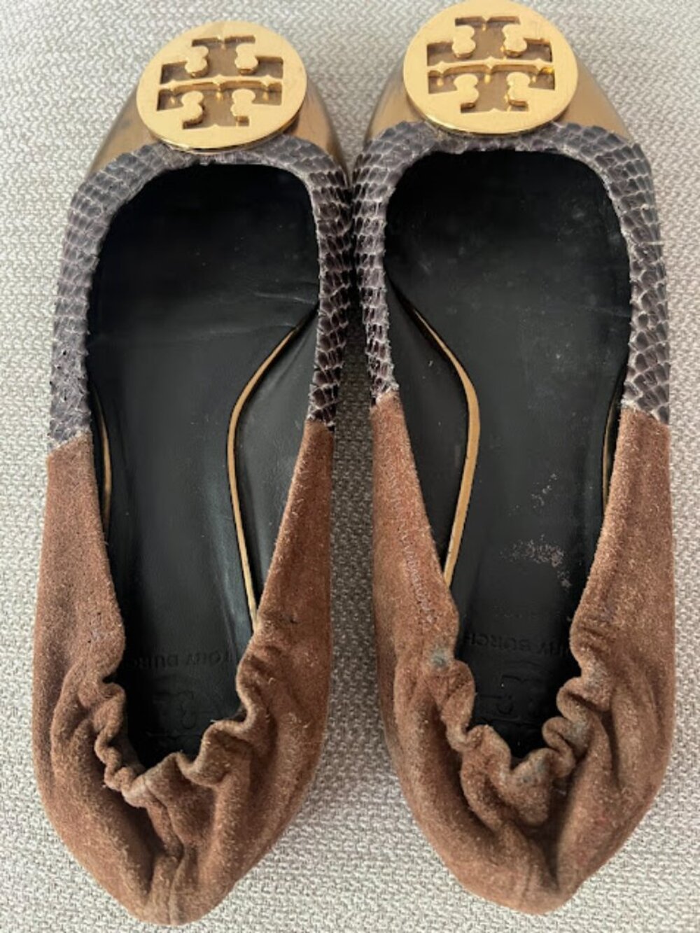 Tory Burch Brown Gold Reva Round Toe Slip On Ballet Flats Shoes Size 9M - Picture 10 of 15